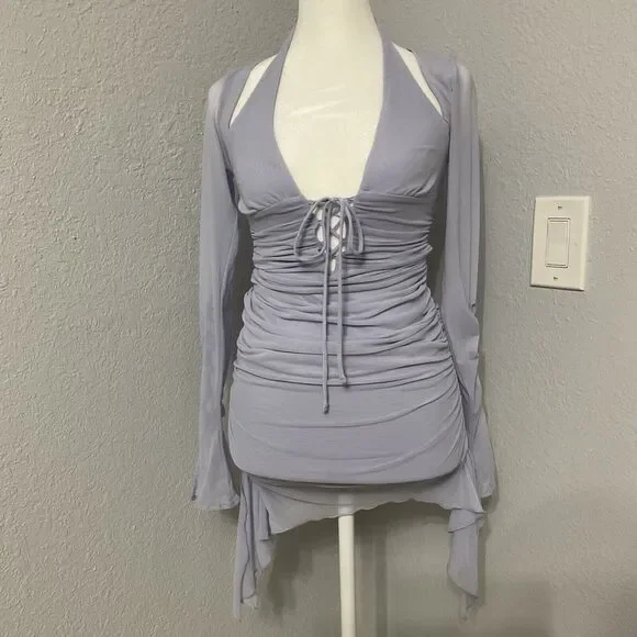 Y2K Style Whimsigoth Fairy Long Sleeve Ruched Mini Dress Purple Oh Polly Size 2 - Picture 1 of 8